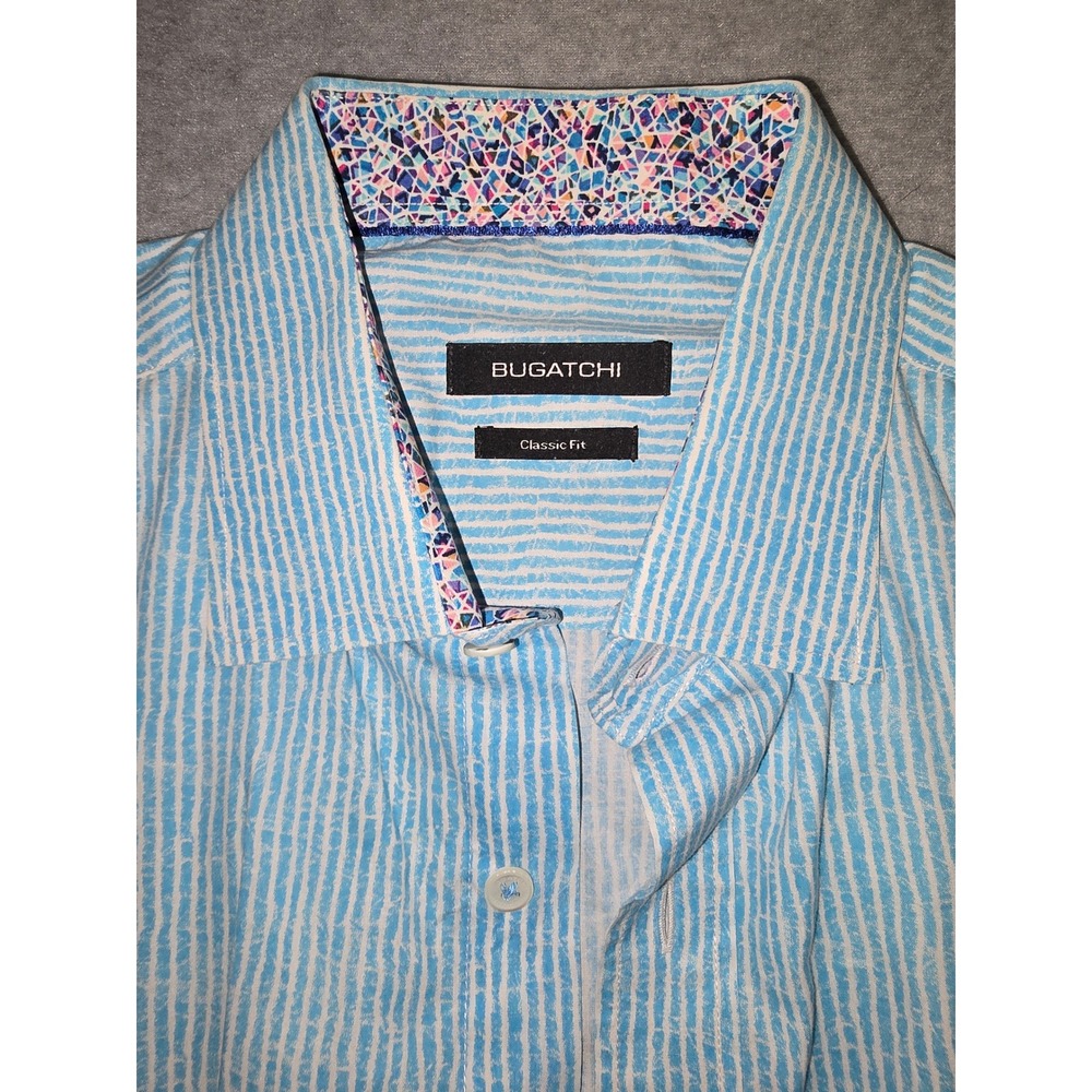 Bugatchi Mens Classic Fit Short Sleeve Button Down Shirt Blue Stripe Mosaic L